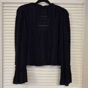 Free People Black Blouse with Long Bell Sleeves and Pleated Cut Out Details